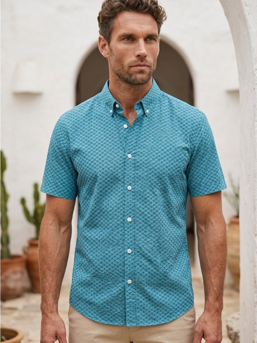 St. John's Bay Teal Short-Sleeve Patterned Button-Down Shirt